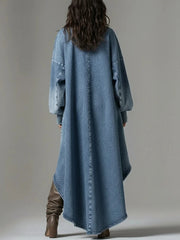 Ingvn  Fashion Casual Sexy V Neck Denim Dress Woman Elegant Lantern Sleeve Long Sleeve High Low Irregular Hem Mini Dresses