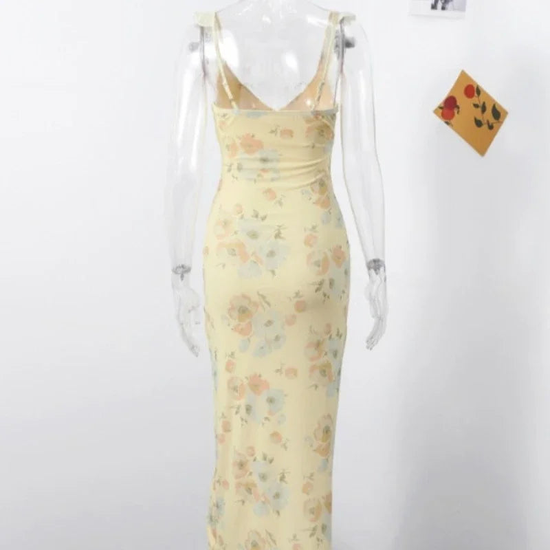 Ingvn  Summer Flower Printed Women's Sexy Low-cut Dress Sleeveless Backless Slim Sling Dresses Beach Vacation Lady Vestidos