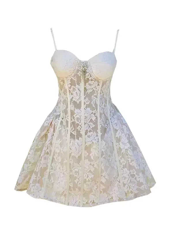 Ingvn  French Elegant Fashion Celebrity Rhinestone Brooch Fluffy Lace Short Dress Sleeveless Backless Birthday Party Dresses For Women