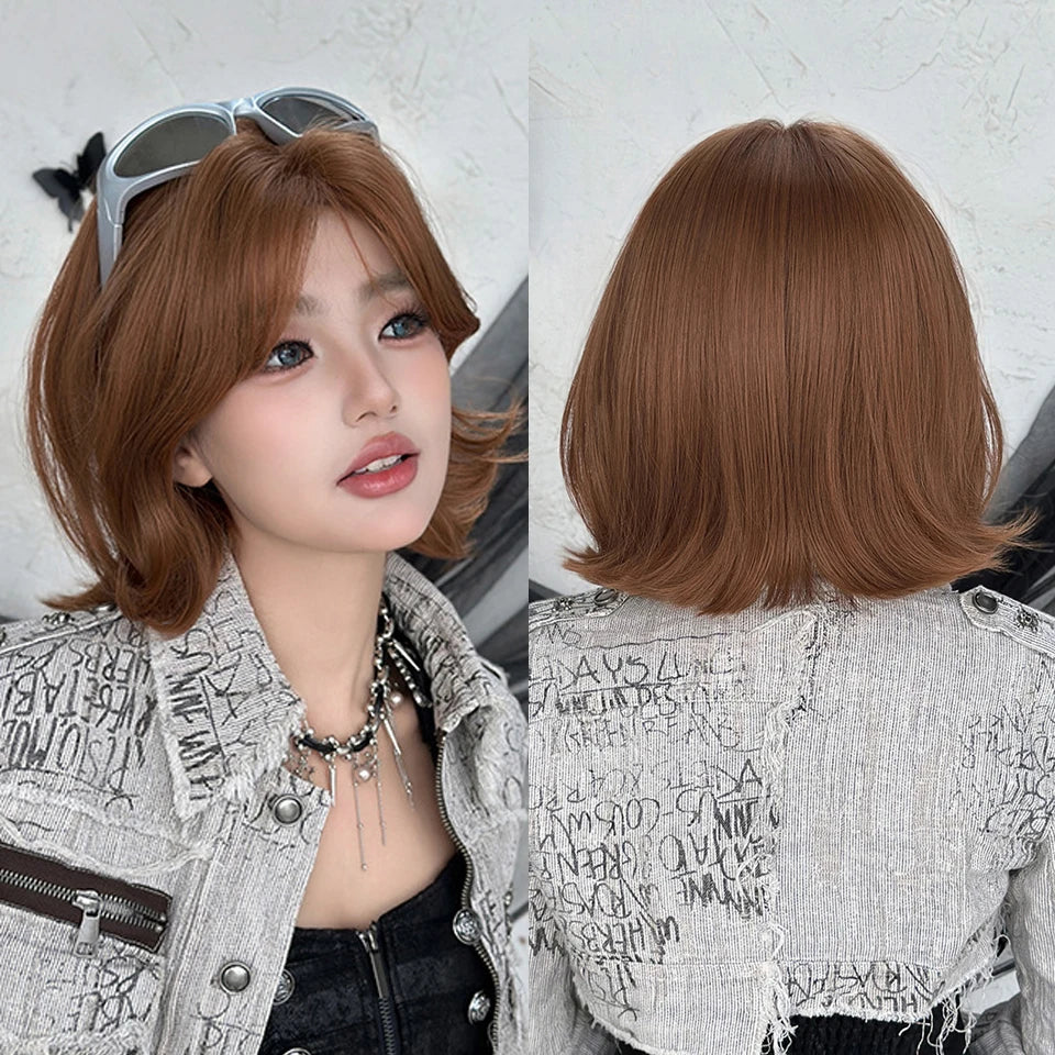 Ingvn  ﻿ Short Brown Straight Synthetic Wig with Bangs Curly Hair Pink Green Lolita Wigs for Women Daily Party Cosplay Christmas Wig