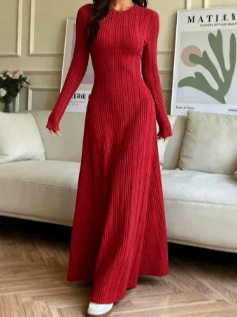Ingvn - New Autumn And Winter Women's Slim Casual Fit Fashionable Women's Knitted Pit Stripe Solid Color Long Sleeved Round Neck Dress
