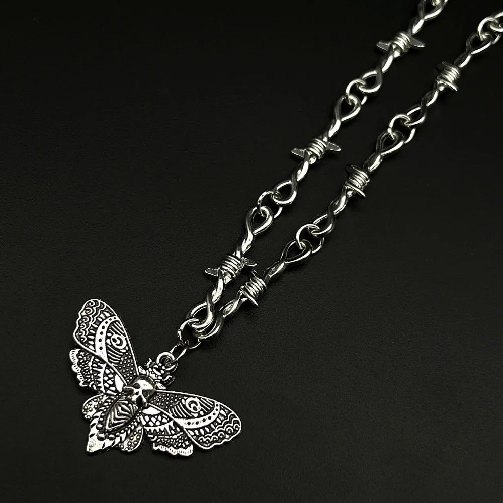 Ingvn  Goth Moth Skull Barbed Wire Cross Pendant Choker Necklace Punk Hip Hop Jewelry Y2K Vampire Little Thorns Chain Choker Gift