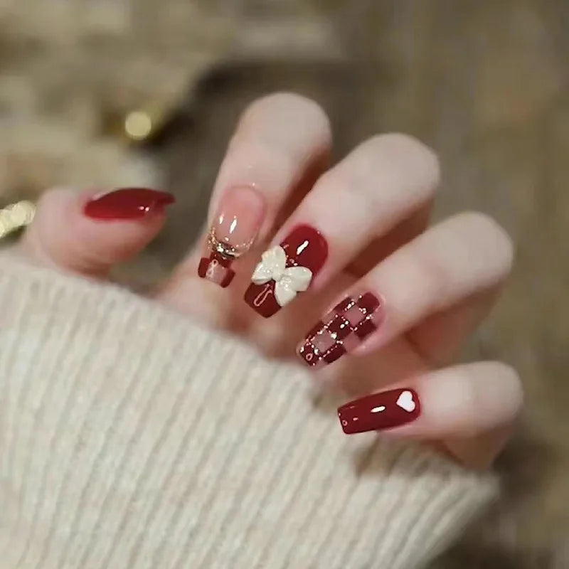 Ingvn  24Pcs Wearable Coffin Fake Nail Tips with Butterfly Camellia Designs Red Long Ballerina False Nails Press on Nails Art Manicure