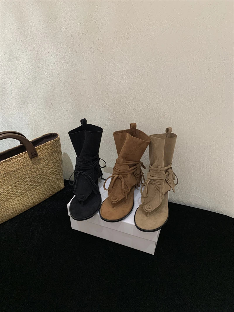 Ingvn  Women Sexy Black Suede Ruffled Boots Women Summer Clip Toe Flat Gladiator Sandals Woman Western Cowboy Boots Sandals