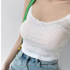 Ingvn  4 colors Sexy Women White Bow O neck Knitted Hollow Out hole Tank Top Slim T-shirts Summer Girl Base Camisole Crop top