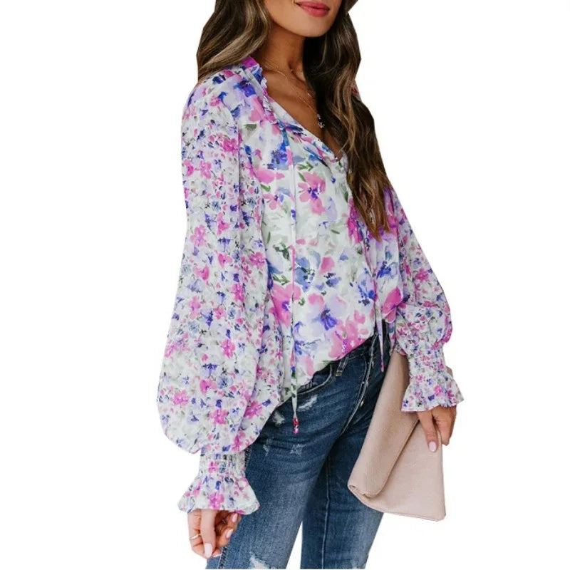 Ingvn - Women's Summer Floral Print V Neck Long Sleeve Blouse Ruffle Cuff Button Down Casual Loose Chiffon Shirt