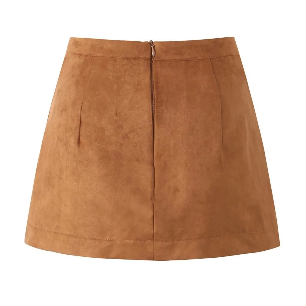 Ingvn  Autumn Winter High Waist Suede Faux Leather Mini Skirt Women Back Zipper A-line Short Skater Party Femme Camel Black
