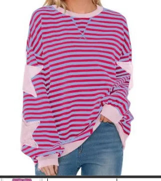 Ingvn - Women Casual Striped Sweatshirt Spring Star Patchwork Round Neck Long Sleeve Loose Pullover Daily Wear