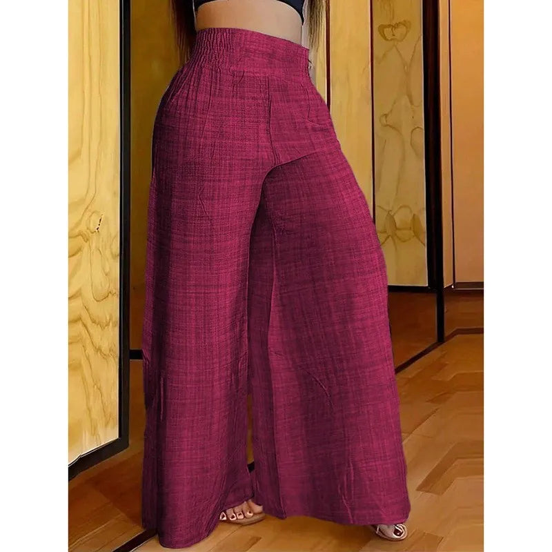 Ingvn  Women's Wide Leg Pants Baggy High Waist Trousers Solid Elastic Waistband Wide Leg Pants Pleated Loose Fit Blue Black Pants