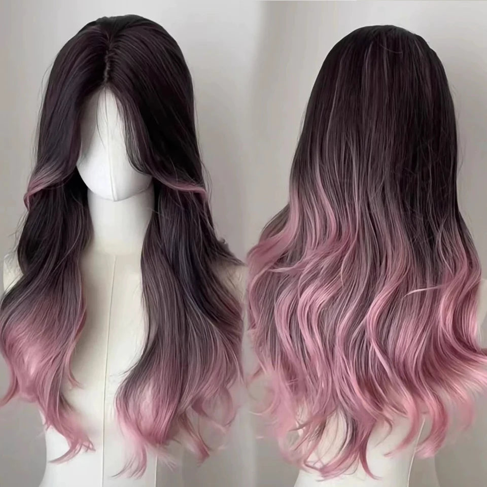 Ingvn  Long Black Highlight Pink Wig Synthetic Wavy Curly Lolita Wig Natural Cosplay Party Wig Daily Wear Halloween Costume Wig