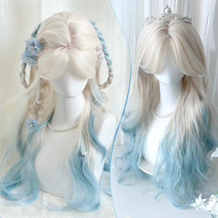 Ingvn - Long Wavy Platinum Gradient Blue Wig Synthetic Pink Green Lolita Wigs for Women Daily Cosplay Wig Halloween Costume Wig