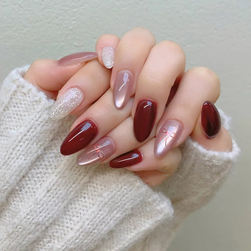 Ingvn  24Pcs Shiny Cat's Eye Pink Full Cover Nail Tips Art Finished Finger False Nails with Diamond Wearable Almond Press on Fake Nails