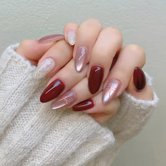 Ingvn  24Pcs Shiny Cat's Eye Pink Full Cover Nail Tips Art Finished Finger False Nails with Diamond Wearable Almond Press on Fake Nails