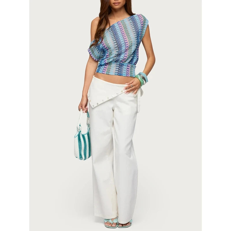 Ingvn  Women Summer Off One Shoulder T-Shirts Y2k Striped Sheer Cinched Waist Slim Fit See Through Crop Tops Knit Tee Top