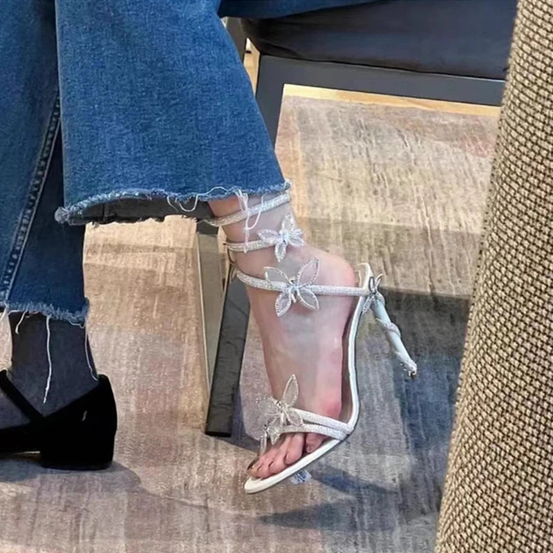 Ingvn  Luxury Crystal Embellished Butterfly Detail Women Sandals Sexy Coiled Strap Thin High heels Gladiator sandals Summer Party Shoes
