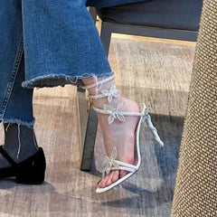 Ingvn  Luxury Crystal Embellished Butterfly Detail Women Sandals Sexy Coiled Strap Thin High heels Gladiator sandals Summer Party Shoes