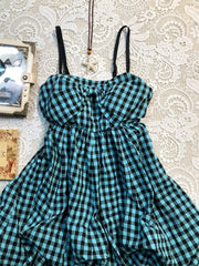 Ingvn  Summer New Vintage Sweet And Spicy Style Plaid Puff Sleeve Short Dress Women's Polyester Fiber Casual Everyday Dress
