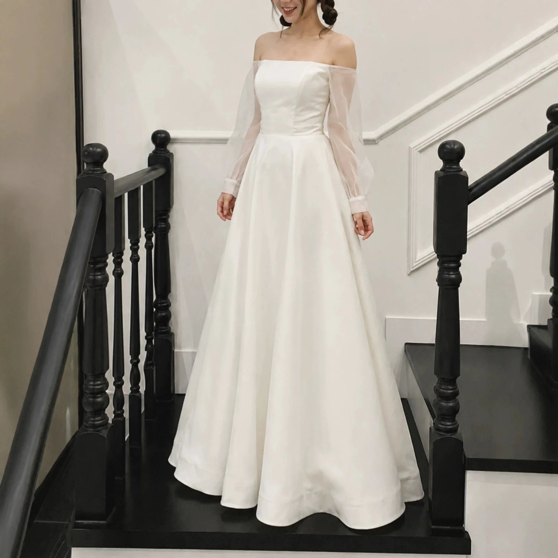 Ingvn - Korean Satin Bridal Gown Off‑Shoulder Sheer Long Sleeve A‑Line Floor Length Simple Wedding Dress For Women Bridal Party