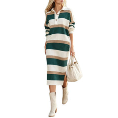 Ingvn - Women's Striped Knit Midi Dress Polo Collar Long Sleeve Button Color Block Loose Casual Autumn Winter Ladies Sweater Dresses