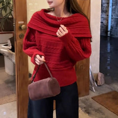 Ingvn - Autumn/Winter Fashion New Korean Warm Thick Design Sweater Single Shoulder Knitted Sweater Elegant Loose Hoodie  Jumper