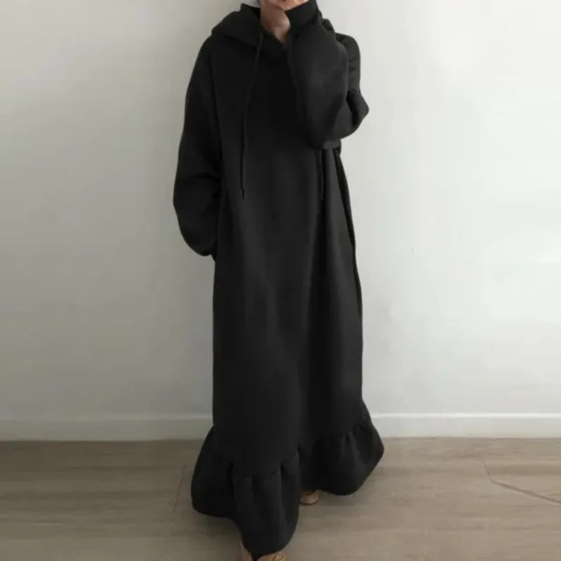 Ingvn  New Women's Autumn and Winter New Style Fleece Hooded Base Sweater Dress Ladies Casual Straight Pocket Loose Hooded Long Dress