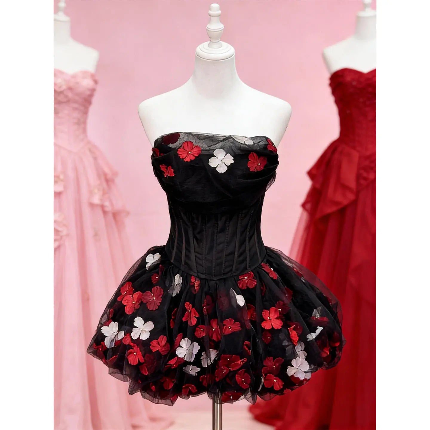 Ingvn  Summer New Sweet Elegant Princess Birthday Party Dress Sleeveless Strapless Corset Slim Fit 3D Flower Puff Dress for Women