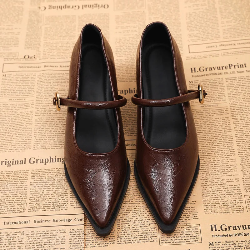 Ingvn  Designer Vintage Pointed Toe Women Mary Jane Shoes Fashion Shallow Buckle Shoes Spring Ladies Elegant Dress Thick Heel Shoes