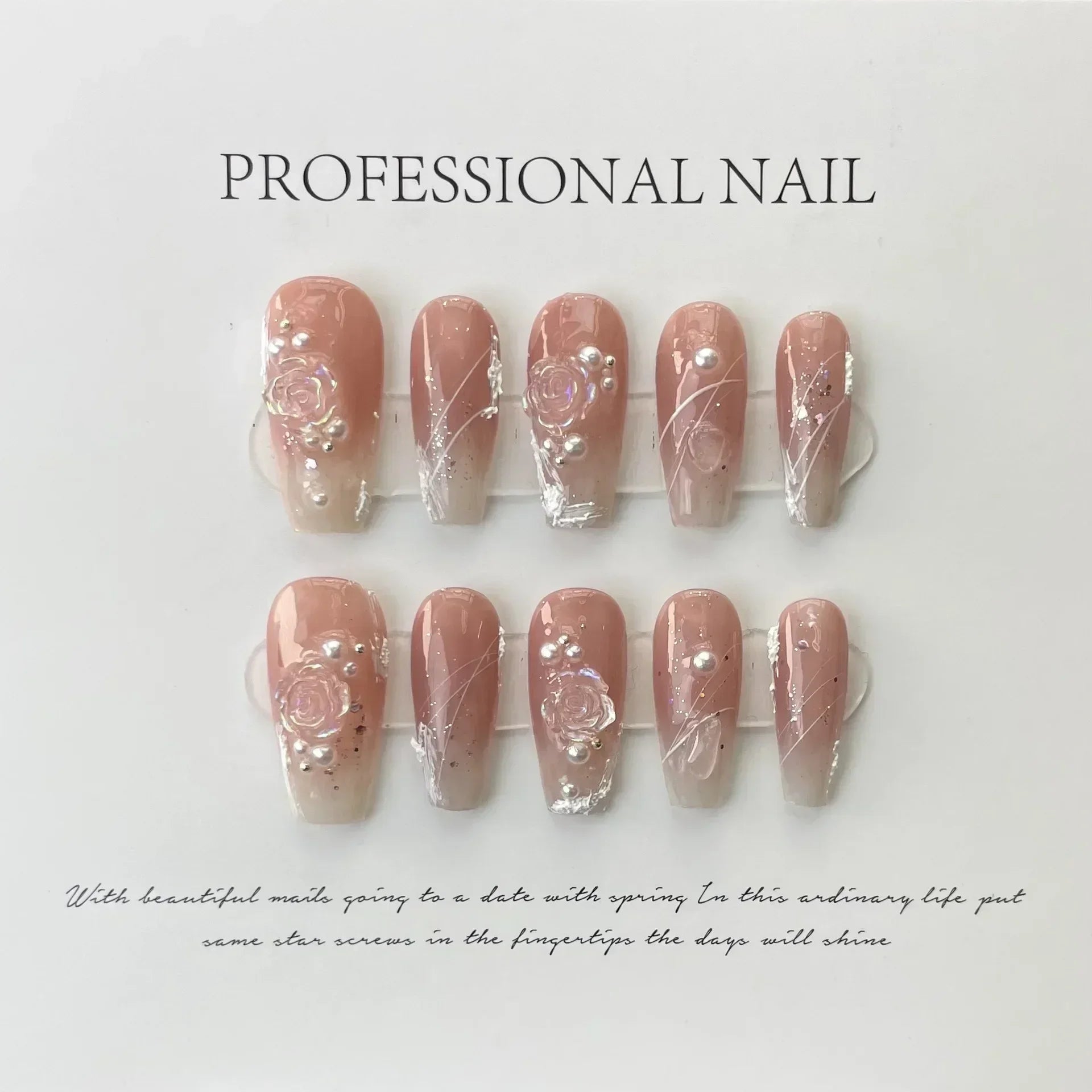 Ingvn  10Pcs Handmade Press on Nails Long Ballet Blue Fake Nails with 3D Ocean Moon Rhinestone Design False Nails Full Cover Nail Tips