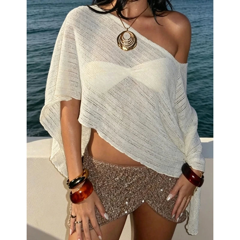 Ingvn  Women's Knitted Bikini Cover-up See-through Solid Off One Shoulder Irregular Triangle Hem Loose Pullover Summer Beach Tops