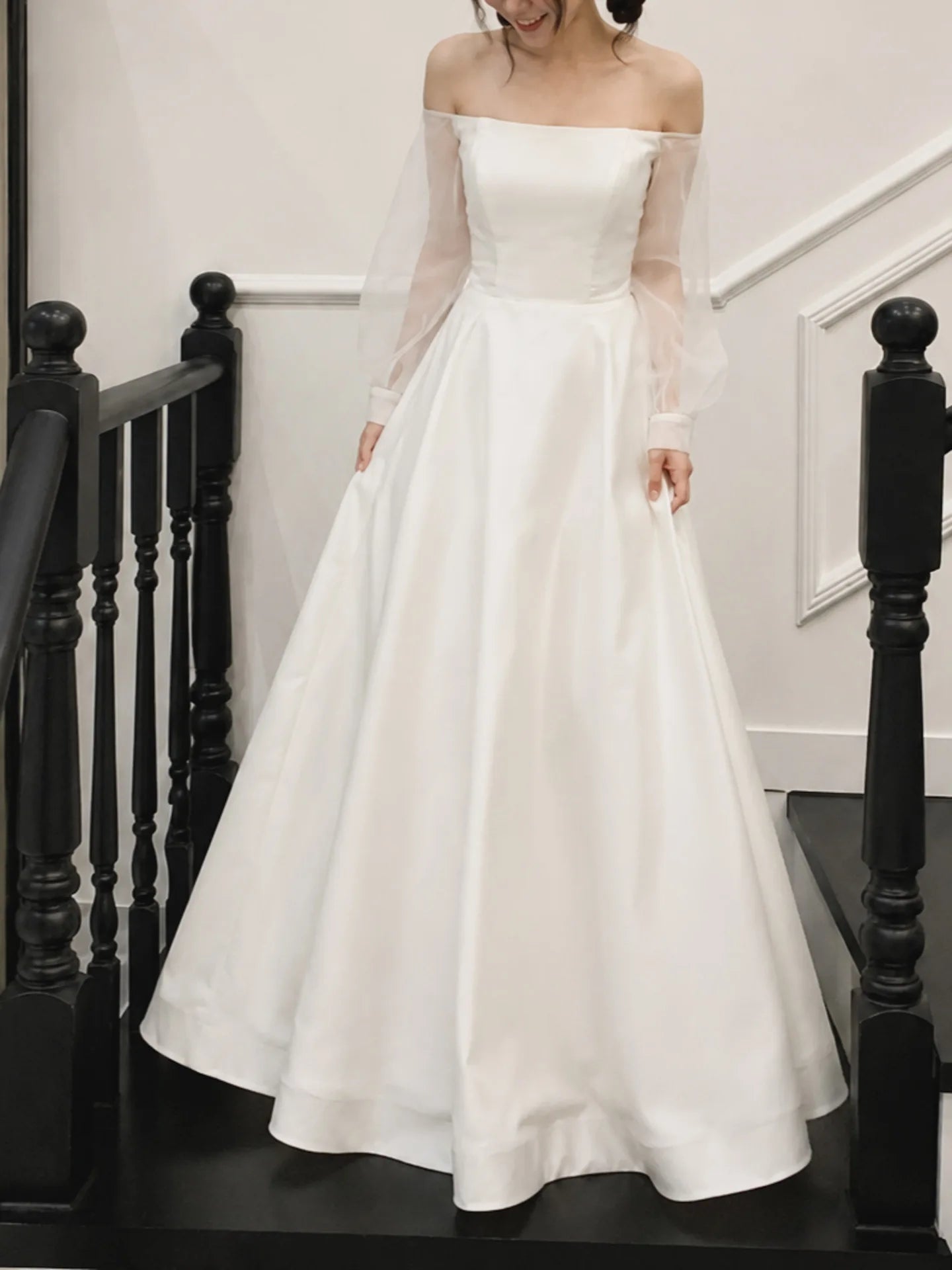 Ingvn - Korean Satin Bridal Gown Off‑Shoulder Sheer Long Sleeve A‑Line Floor Length Simple Wedding Dress For Women Bridal Party