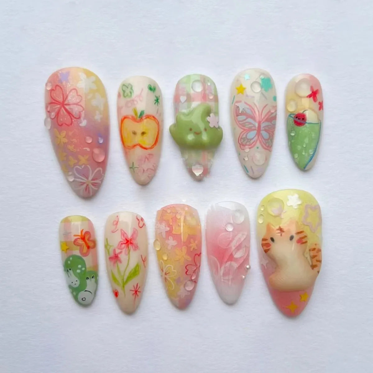 Ingvn  24Pcs Green Oval False Nails with Strawberry Design Wearable Mid-length Almond Press on Fake Nails Rabbit Pattern Nail Art Tip