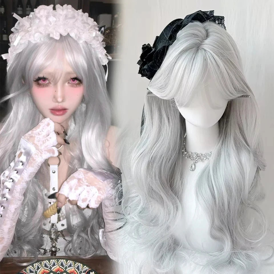 Ingvn  Long Wavy Grey Purple Wig Synthetic Natural Looking Lolita Cosplay Wig Halloween Costume Party Wig for Women Daily Wear