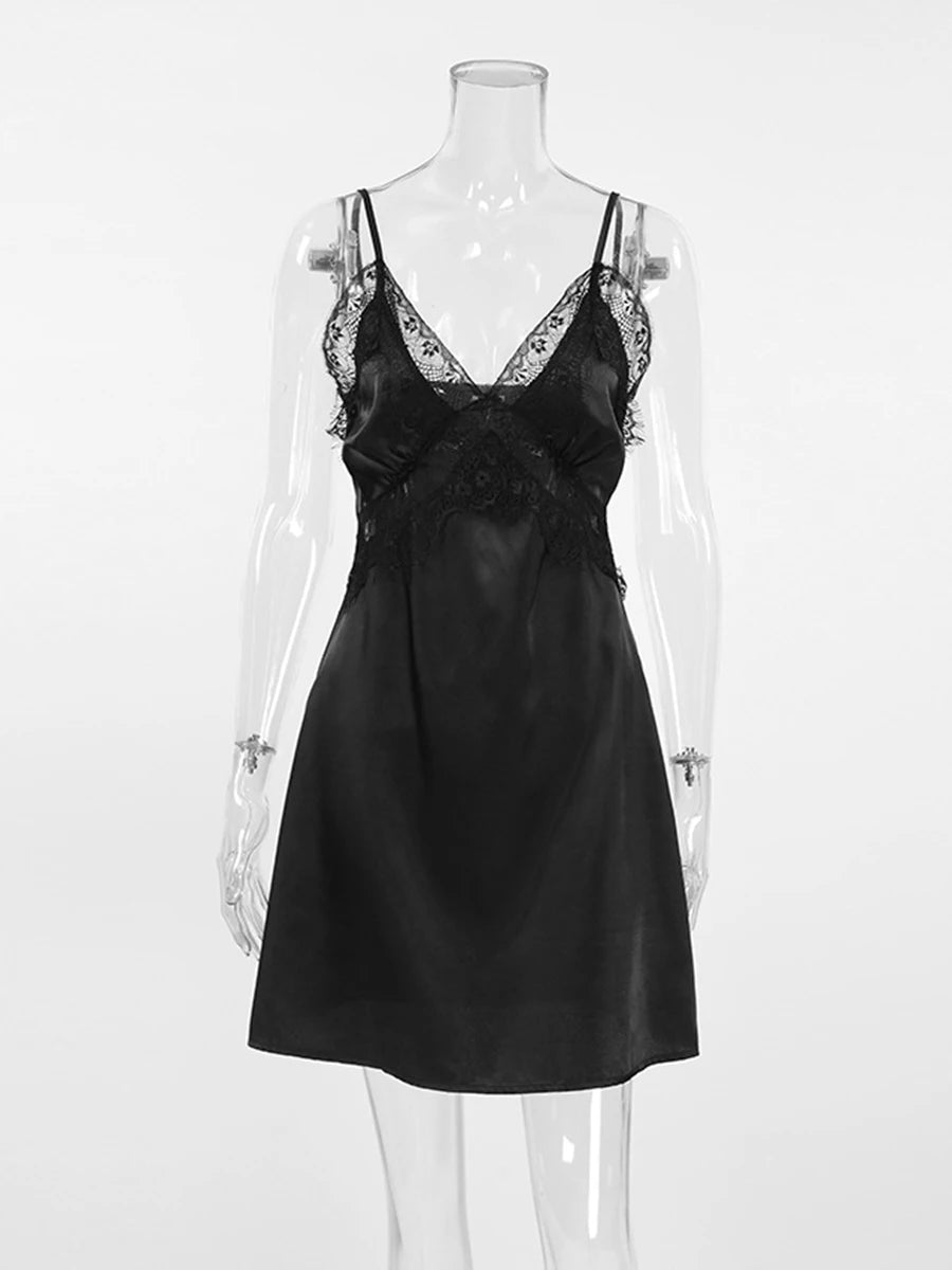 Ingvn  Solid Loose Spliced Lace Chic Dress for Women V Neck Sleeveless Luxury Temperament Dresses Female Summer Fashion