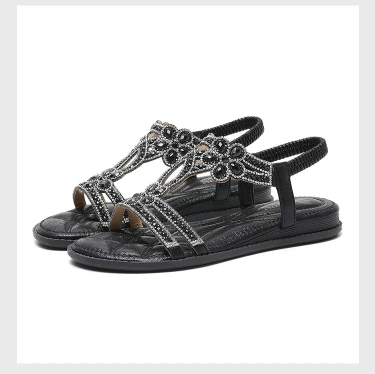 Ingvn  Plus Size 36-43 Shoes for Women Rhinestone Sandals Bohemian Elastic Band Beach Shoes Fashion Casual Open Toe Sandalias De Mujer