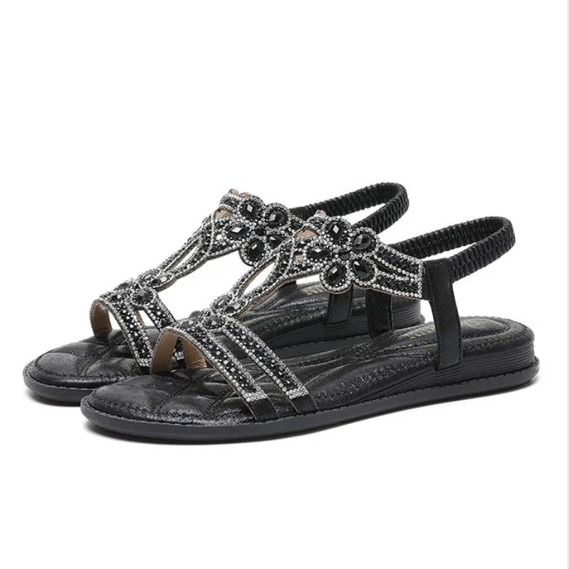 Ingvn  Plus Size 36-43 Shoes for Women Rhinestone Sandals Bohemian Elastic Band Beach Shoes Fashion Casual Open Toe Sandalias De Mujer
