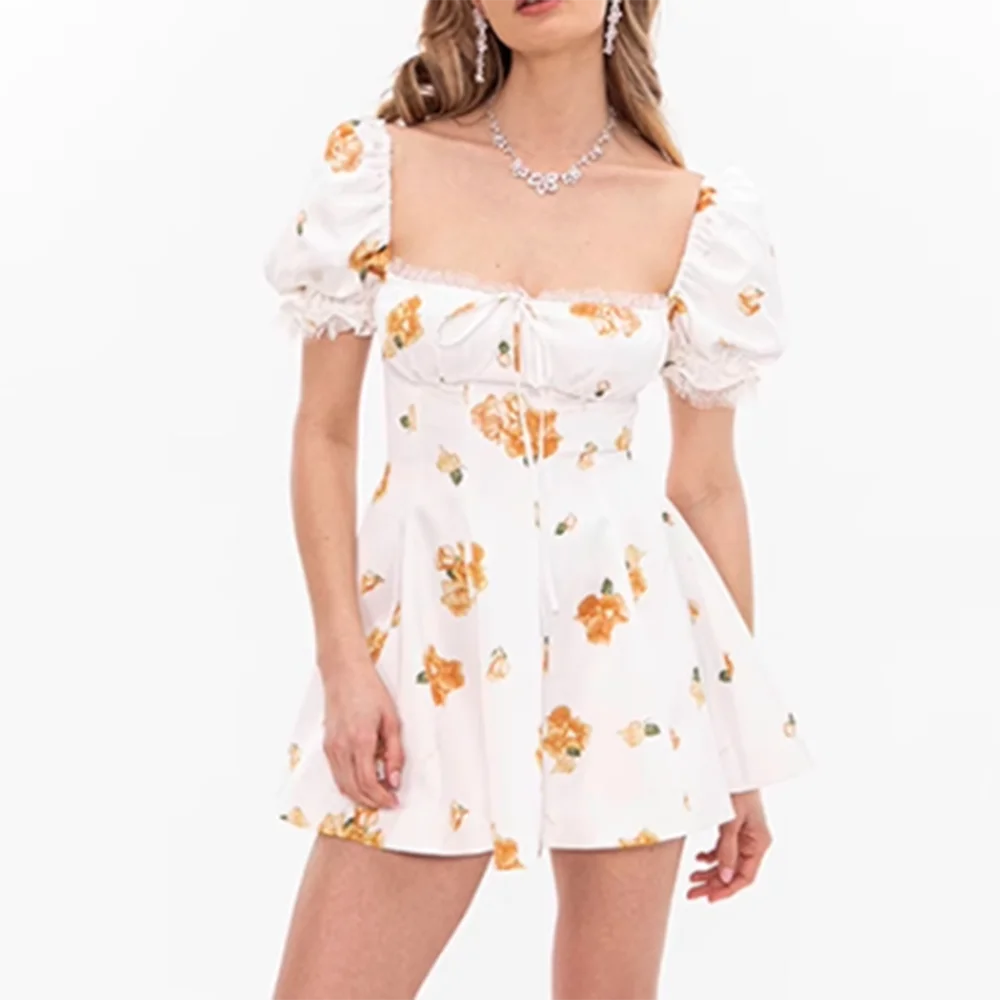 Ingvn  Hit Color Printing Slimming Mini Dresses for Women Square Neck Short Leeve High Waist Temperament Dress Female