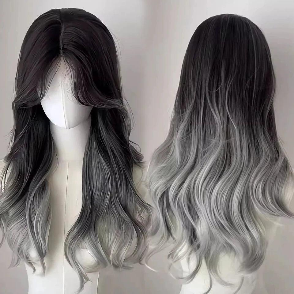 Ingvn  Long Wavy Brown Wig with Middle Part Bangs Synthetic Natural Cosplay Cute Wig Halloween Costume Lolita Wig for Women