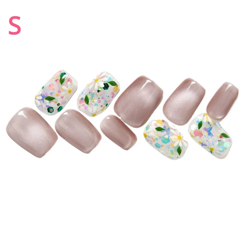 10PCS Short Square Press On Nails Cat Eyes Pink Fake Nails With Multi-Color Floral Designs Summer Collection For Women and Girls