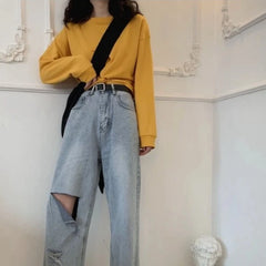 Ingvn - Women Irregular Twist Cropped Sweatshirt Spring Autumn Thin Long Sleeve Crew Neck Y2K Crop Top