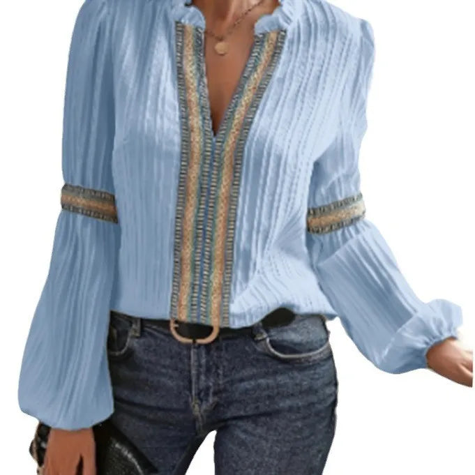 Ingvn  Spring Women's Clothing Lantern Sleeve Blouse With Lace Trim Stand Collar Long Sleeve Polyester Chiffon Casual Top For Woman
