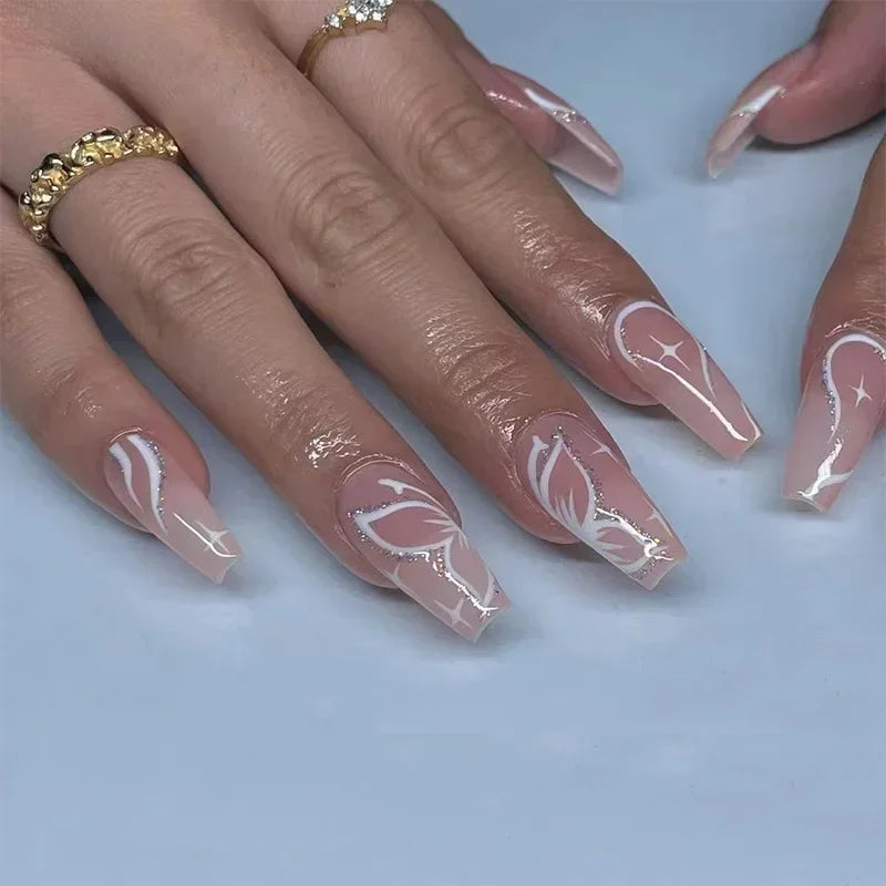 Ingvn  24Pcs Simple Blue French Fake Nails with Diamond Love Pattern Design False Nails Press on Mid-length Ballet Full Cover Nail Tips