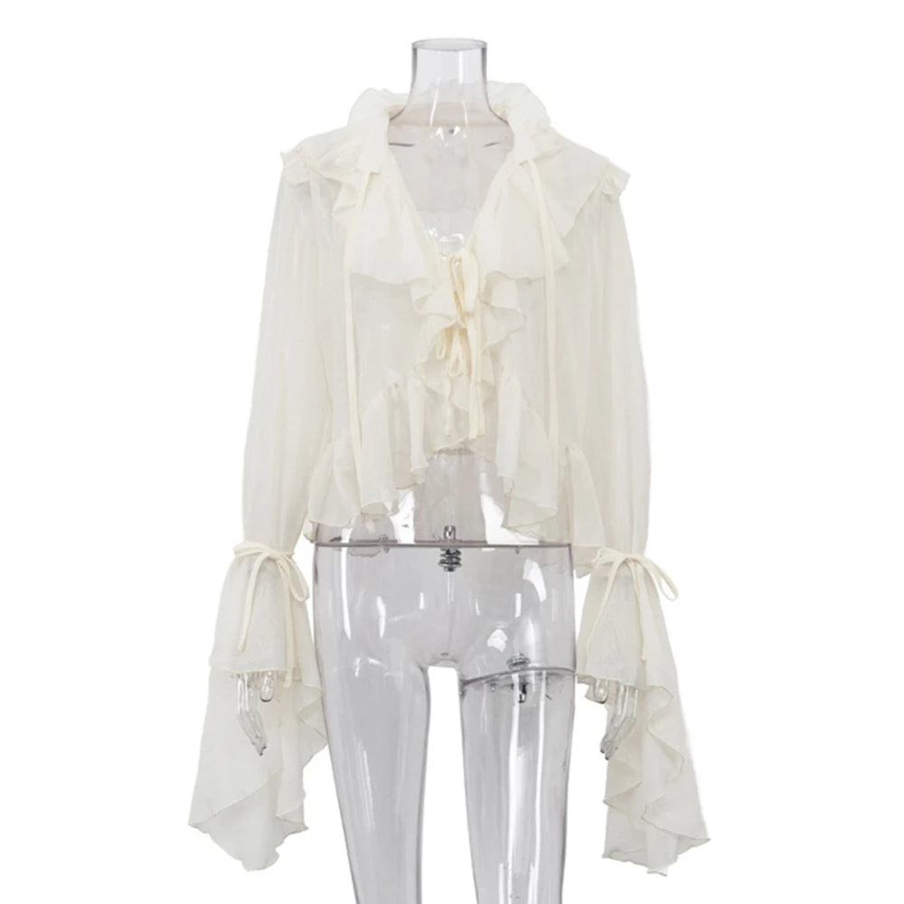 Ingvn  Apricot Loose Spliced Ruffles Elegant Shirts for Women V Neck Long Sleeve French Gentle Shirt Female Summer Fashion