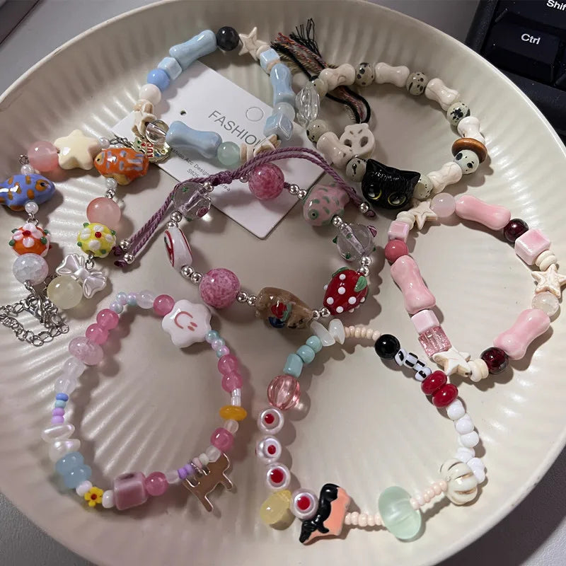 Ingvn  New Cute Geometry Star Conch Ceramic Glass Acrylic Beaded Bracelet Girl Kpop Aesthetic Charm Jewelry Y2K Marine Accessories