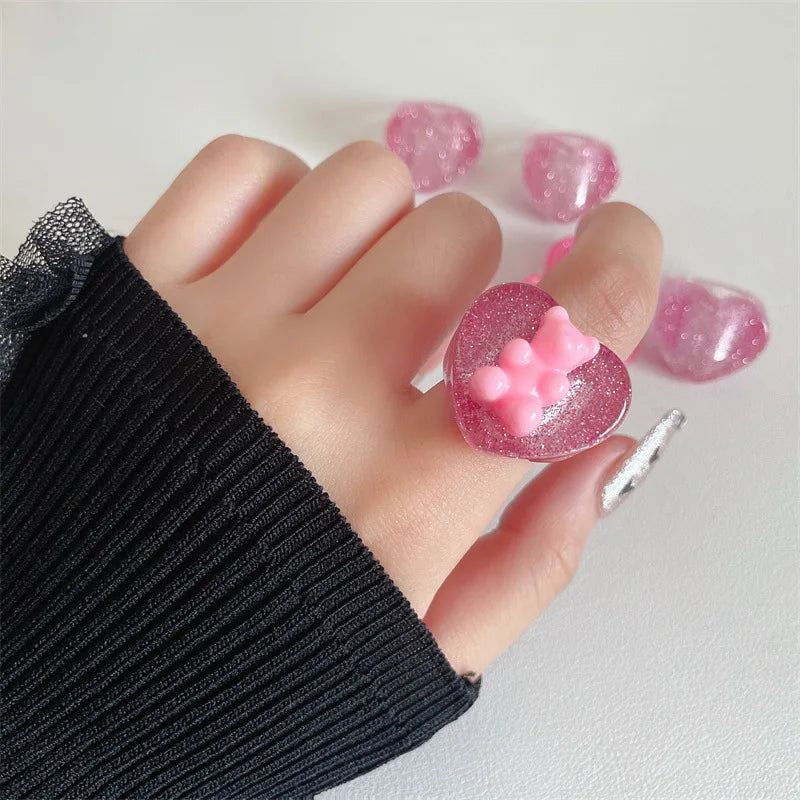 Pink Resin Geometric Ring for Women Girls Colorful Acrylic Bear Bowknot Heart Finger Ring Trendy Aesthetic Jewelry Accessories