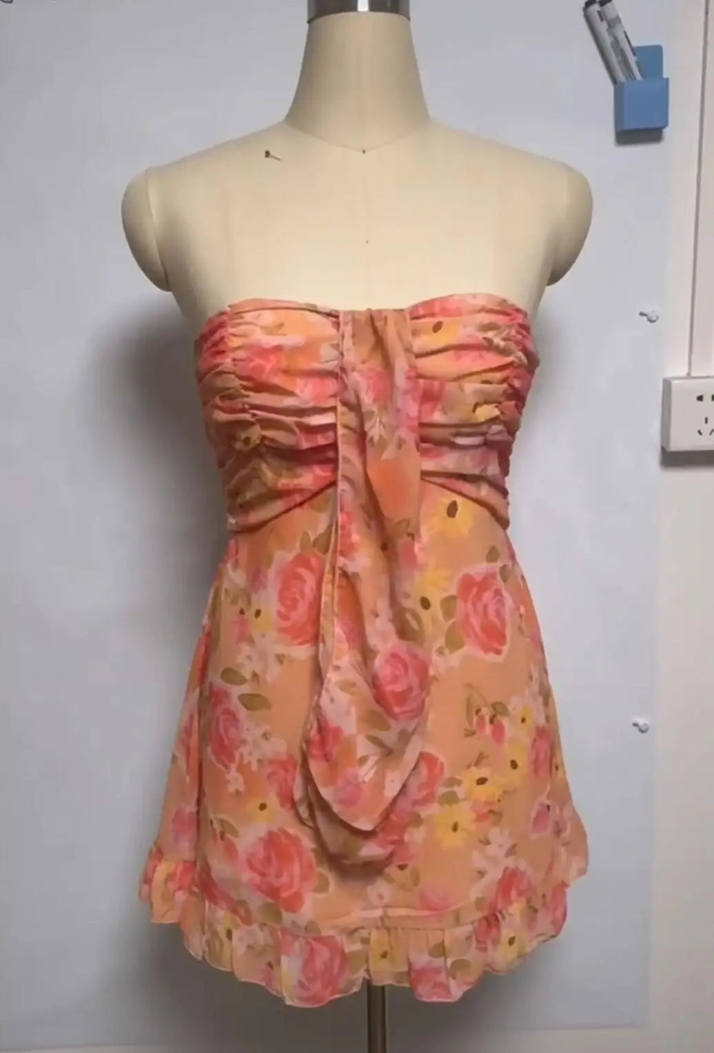 Ingvn  Floral Print Strapless Mini Chiffon Dress Women Ruffles Hem Party Irregular Frilled Elastic Bandage Backless Holiday Dress