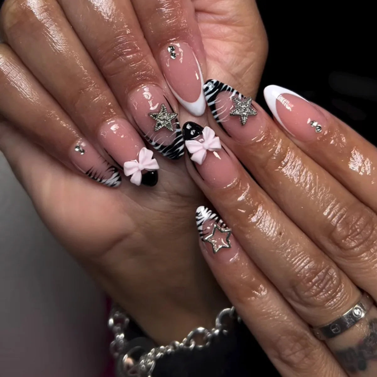 Ingvn  24pcs Short Square Acrylic Press on Nails with Design Zebra French Tip Duck Set of False Nails with Tools Realistic Wear Nail