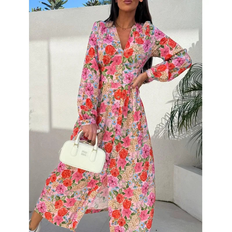 Ingvn  Women's Fashion V-neck Single Breasted Long Party Dress Ladies Casual Long Sleeve Floral Printed Comfortable Versatile Dress