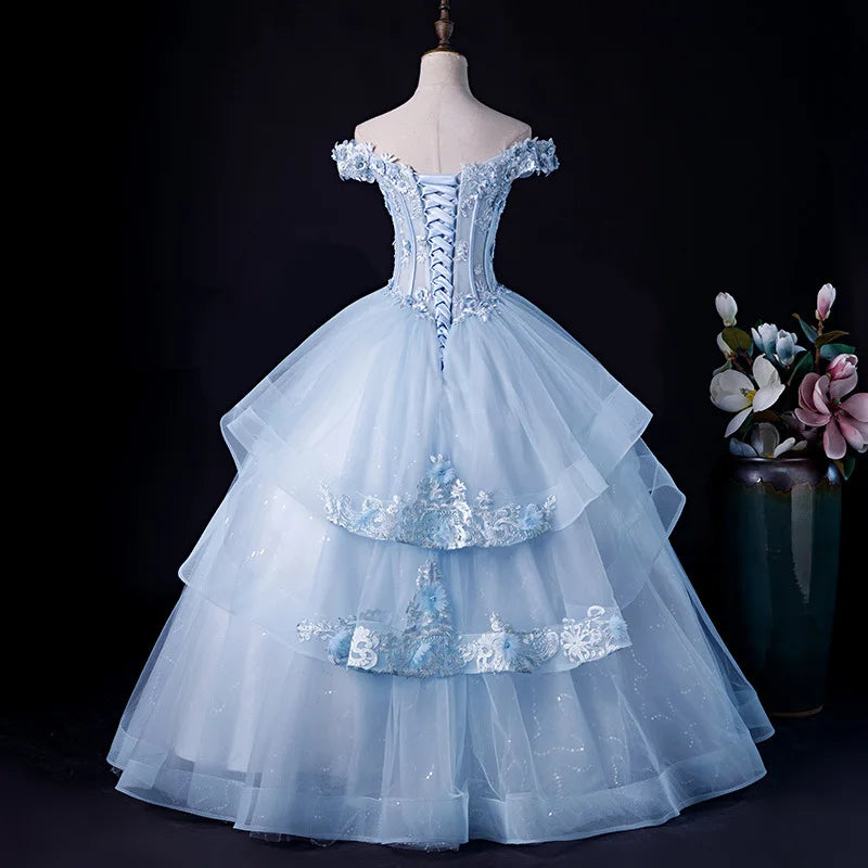 Ingvn - New Blue Elegant Long Evening Dress Women Sexy Off-Shoulder Organza Party Wedding Dress Formal Occasion Dresses