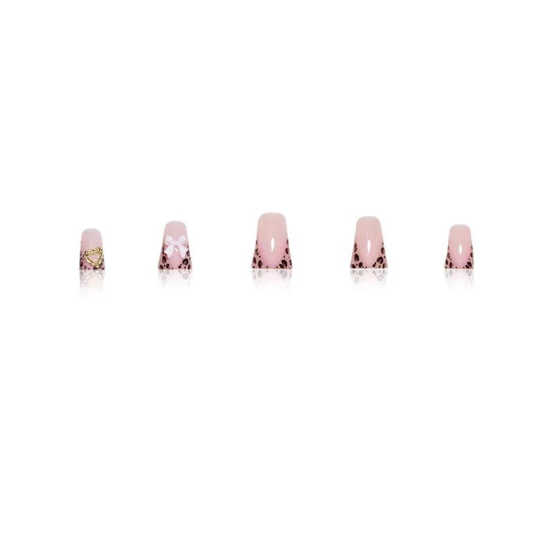 Ingvn  24Pcs 3d Bowknot Love Cherry Ready-made Artificial Nail Tips Leopard French Press on Nails Duckbill Short Aesthetic False Nails