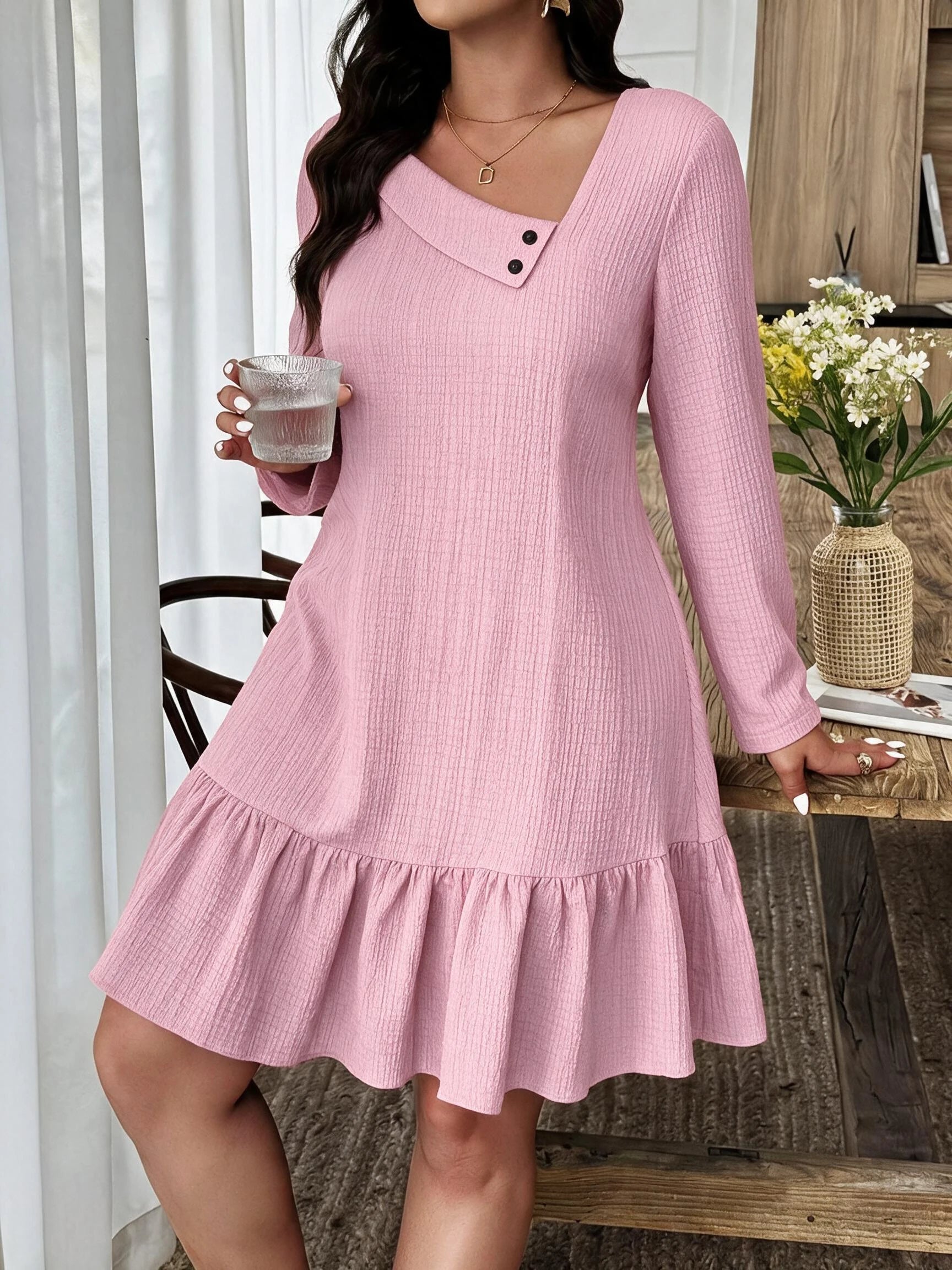 Ingvn - New Long Sleeve Dresses for Women Skew Collar Women Dress Elegant Solid A-LINE Dress Women Vestidos De Verano Mujer